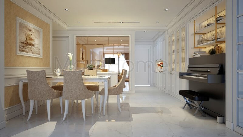 Bộ bàn ghế cao cấp với sự kết hợp hài hòa giữa 2 màu trắng vàng chủ đạo tạo nên một không gian phòng ăn sang trọng mà vô cùng ấm áp Thiết kế chung cư