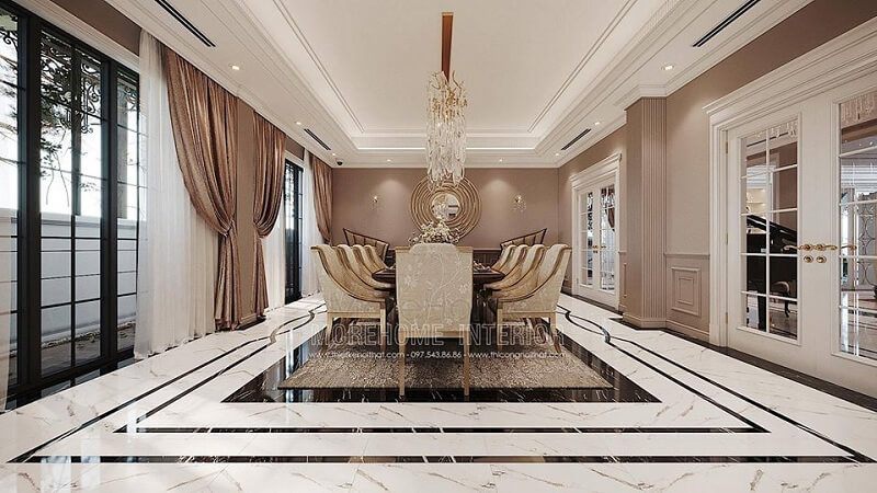 Mẫu bàn ăn gỗ cao cấp với tông màu vàng kim cuốn hút đươc sản xuất tại MoreHome