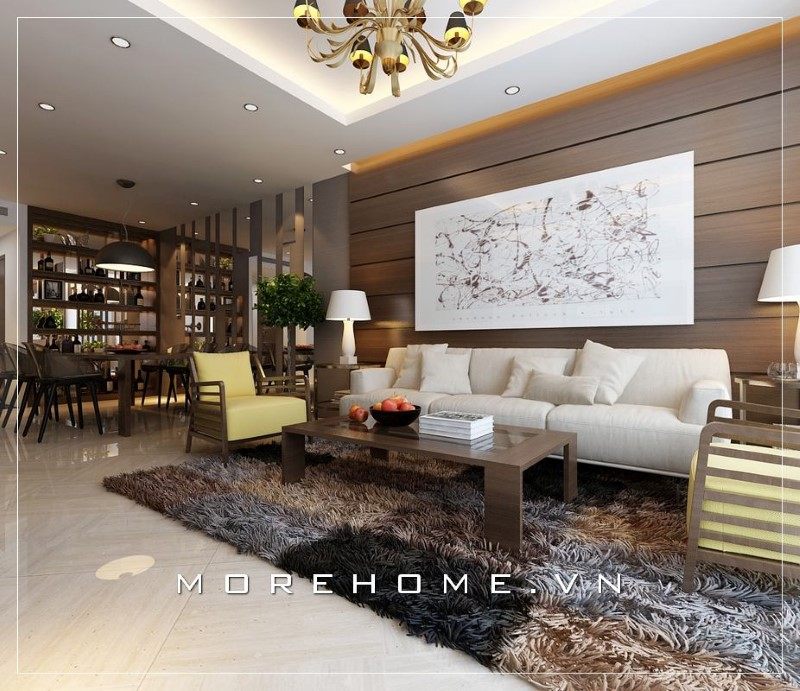 Bàn trà gỗ hình chữ nhật là yếu tố góp phần tạo nên sự đẹp và ấn tượng của không gian phòng khách trước mắt người nhìn.