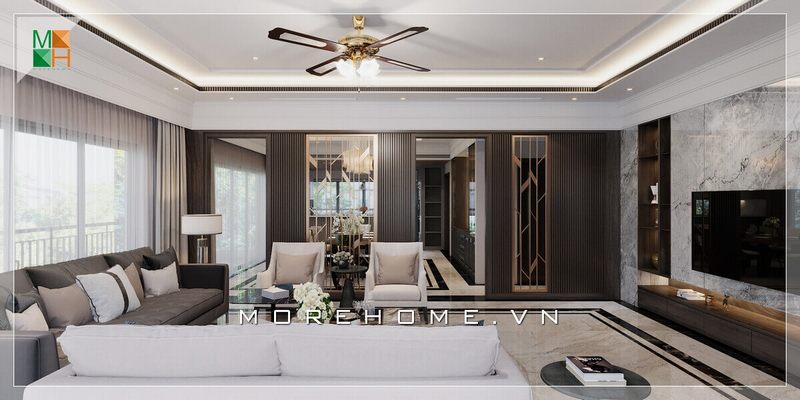 Không gian phòng khách của bạn sẽ trở nên nét đẹp, sang trọng và đẳng cấp hơn khi được trang trí bằng mẫu vách ốp tường tivi bằng đá nhân tạo vân mây xám cao cấp.