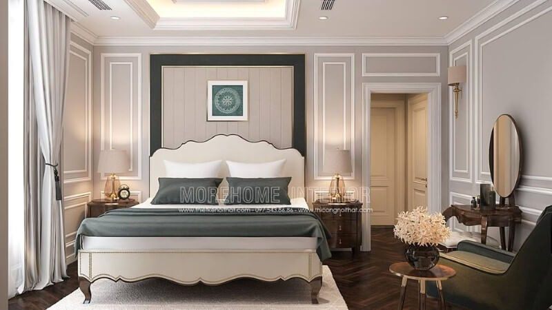 Giường ngủ master đặc sắc với đường nét tân cổ điển từ gỗ óc chó kết hợp cùng gam màu trắng nhẹ nhàng đã tạo nên một không gian phòng ngủ tinh tế, sang trọng và thanh lịch.